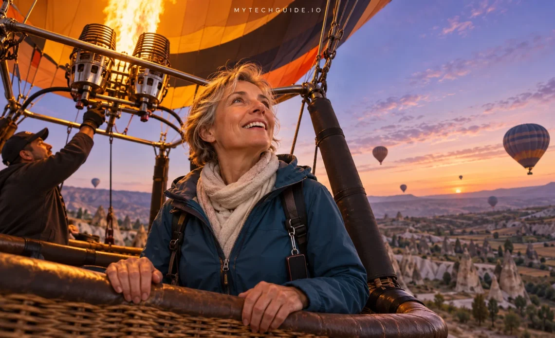 Traveler smiling beneath a glowing hot-air balloon burner above Cappadocia at sunrise, Turkey.