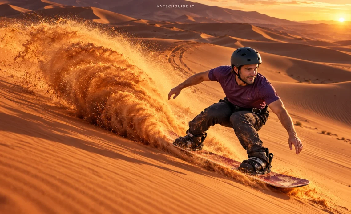 Sandboarder carving down a golden dune and spraying sand in the desert near Dubai, UAE.