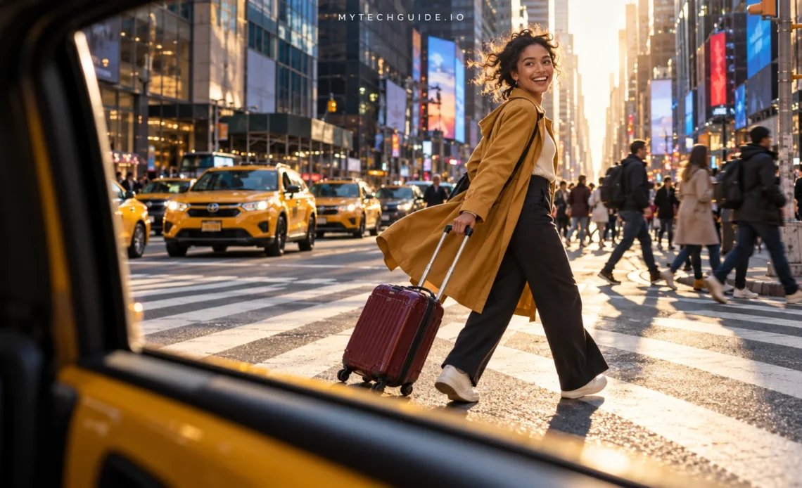 Traveler pulling a burgundy suitcase across a Manhattan crosswalk, viewed through a yellow taxi window.