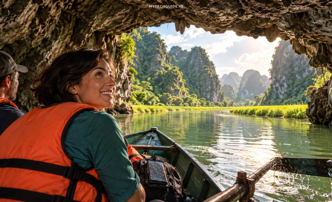 Travelers in life jackets emerging from a cave by rowboat into the limestone landscape of Tam Coc, Vietnam.